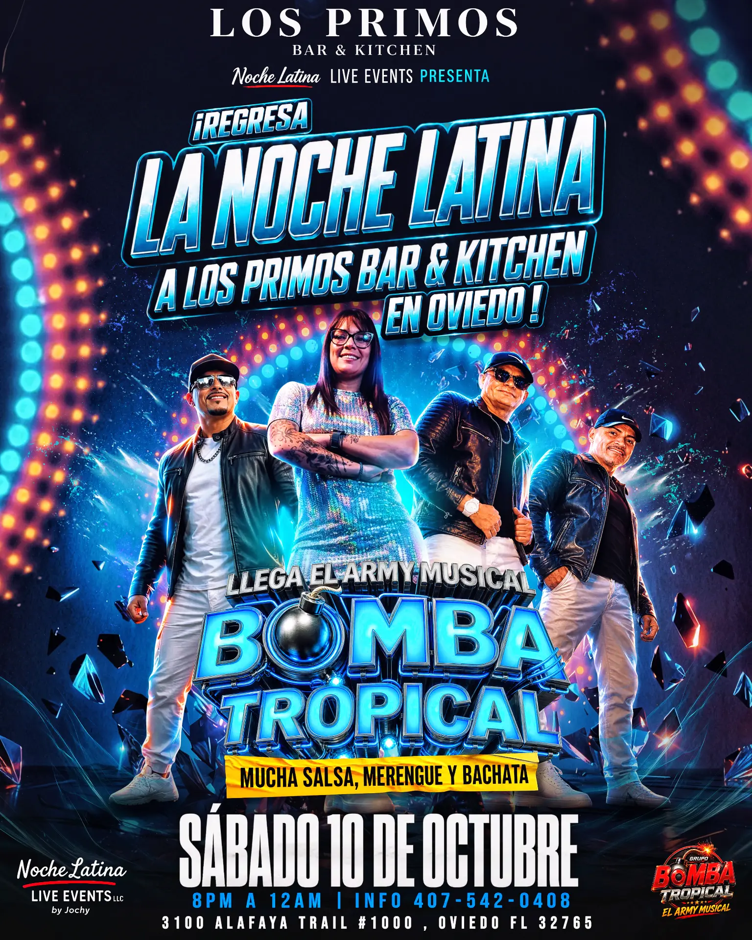 Cartel de Noche Latina con Bomba Tropical en Los Primos, sábado 10 de octubre