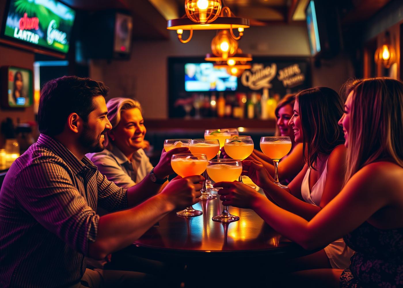 Friends toasting cocktails at Los Primos Bar & Kitchen